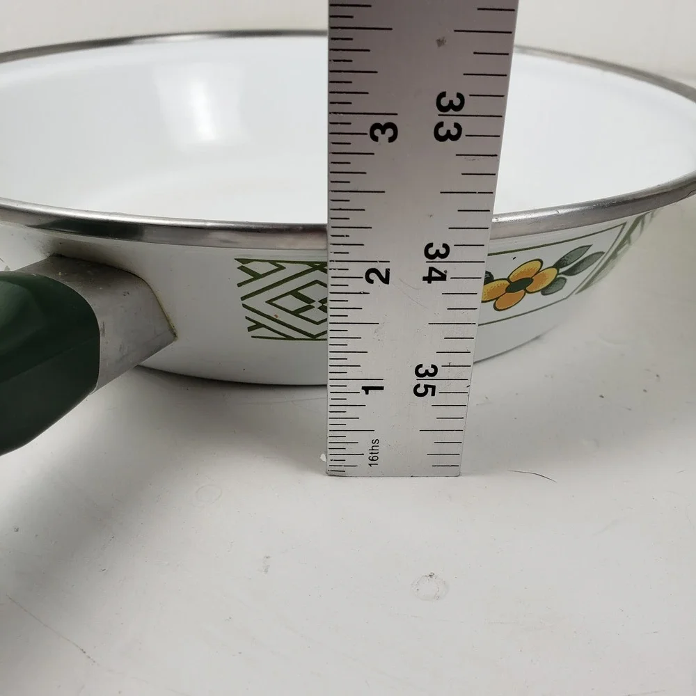 Vintage Enamelware Frying Pan White Green Floral Retro 10 Inch Skillet